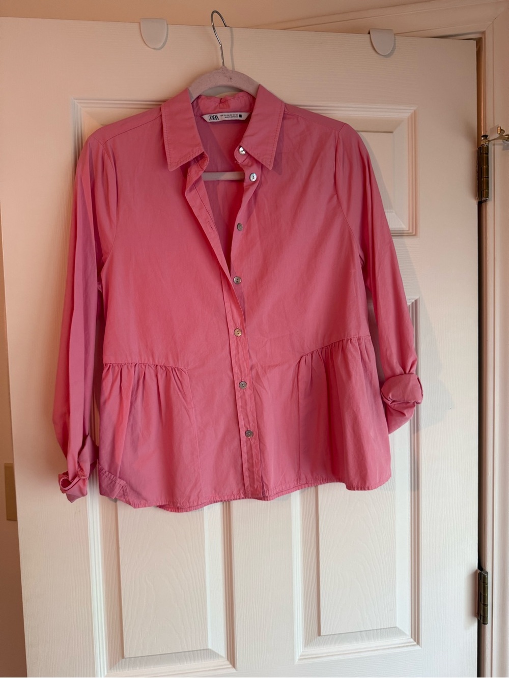 Zara Pink Button-Front Peplum Blouse